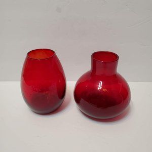 Ruby Red Hand Blown Glass Vases, Set of 2, 4.5" Tall, Vintage Handmade Bud Vase